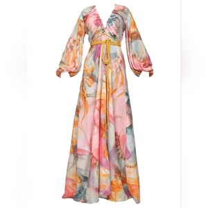 Andrea Iyamah Pink Orange Floral Maxi Dress with Yellow Tie